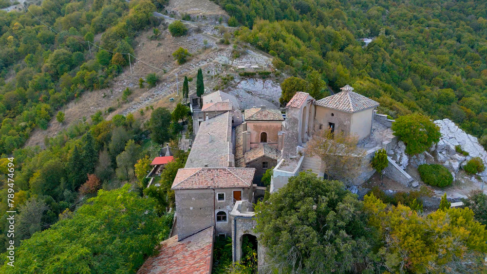 aerial pictures made with a dji mini 4 pro drone over Sanctuary of Madonna della Mangiatorella, Lazio, Italy.