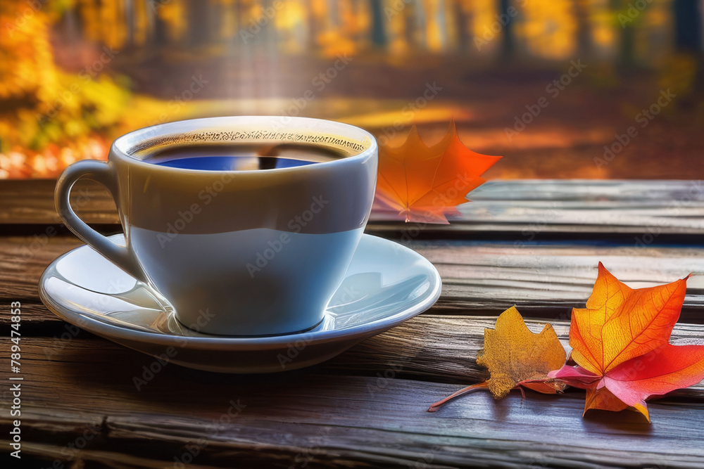 Autumn leaves and a hot steaming cup of coffee. Wooden table and a cup of coffee against the background of an autumn forest. Autumn season, free time, coffee break, September,