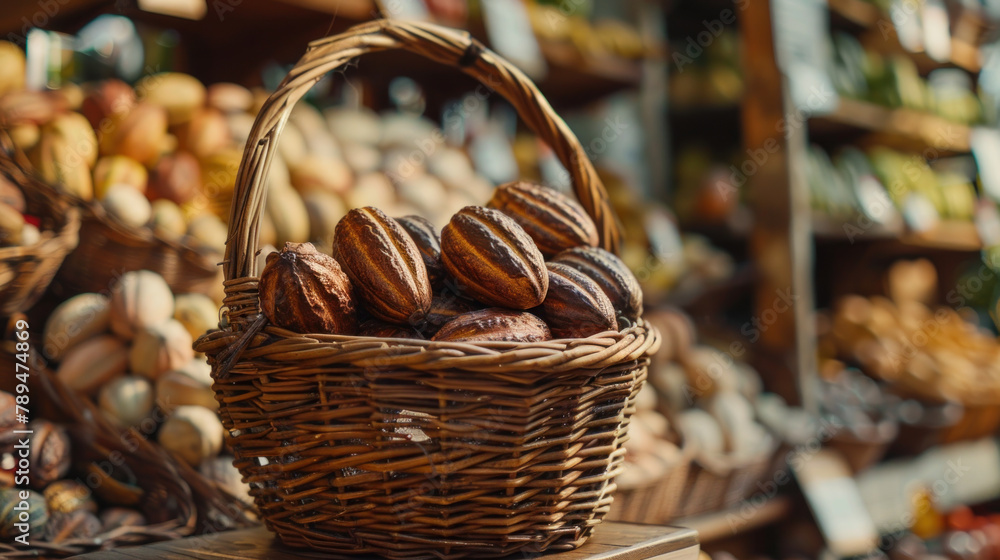 cacao fruit in a wooden basket on display at a market stall