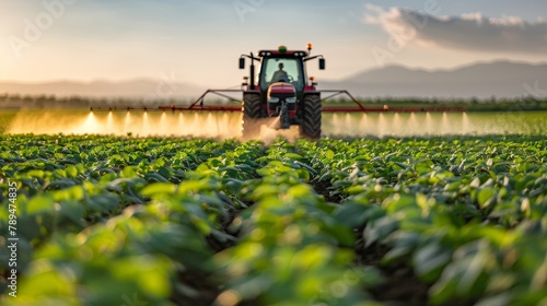 In the spring, a tractor sprays pesticides on soybean fields with a sprayer