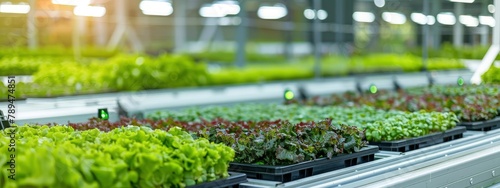 a modern, indoor vertical aquaculture farm including rows of green and veggie plants.