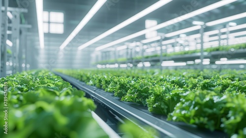 a modern, indoor vertical aquaculture farm including rows of green and veggie plants.