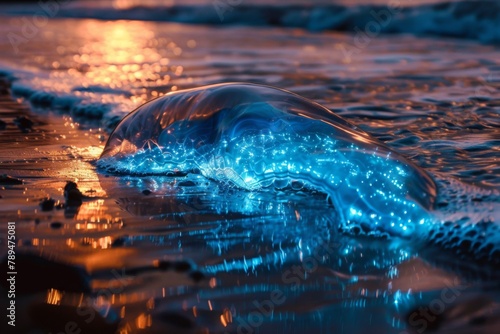 A blue bubble in the ocean with a bright blue light shining on it. The light is reflecting off the water and creating a beautiful, serene atmosphere