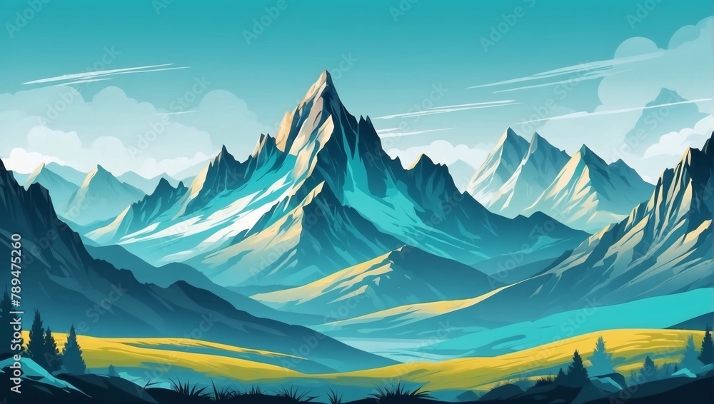 Landscape with turquoise mountains. Mountainous terrain. Abstract nature background. Vector illustration.