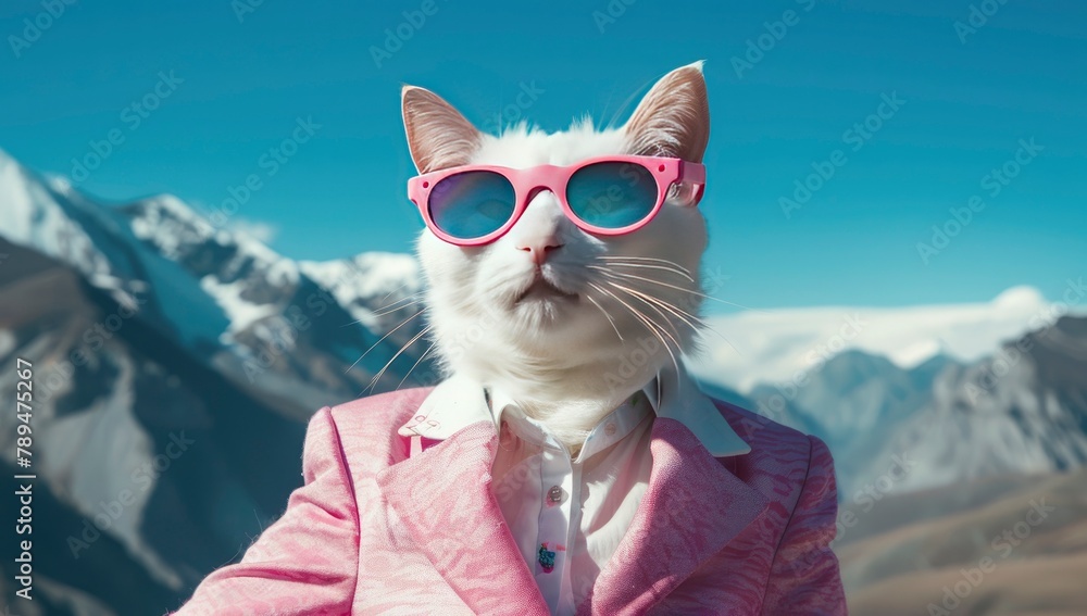 Anthropomorphic cat with a suit and pink shades with blue sky and mountains in the backdrop - obrazy, fototapety, plakaty 