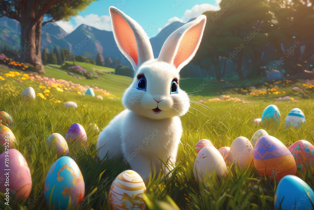 Little rabbit in a green spring lawn with decorated eggs - Easter card