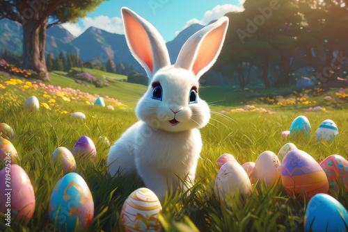 Obraz na płótnie Little rabbit in a green spring lawn with decorated eggs - Easter card w salonie