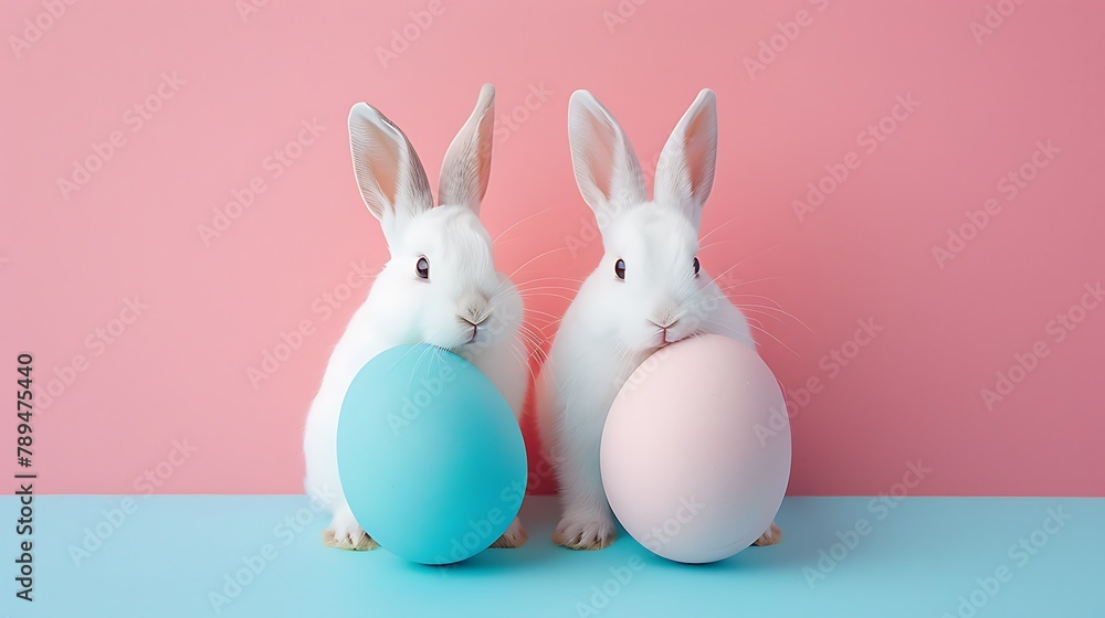 Funny bunnies easter eggs on pink and blue background
