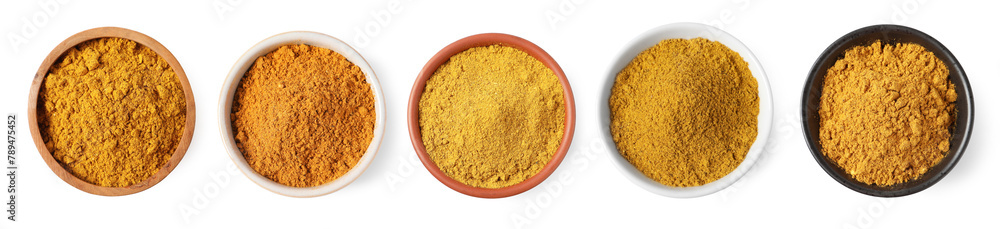 Set of curry in bowls isolated on white, top view Set of curry in bowls isolated on white, top view