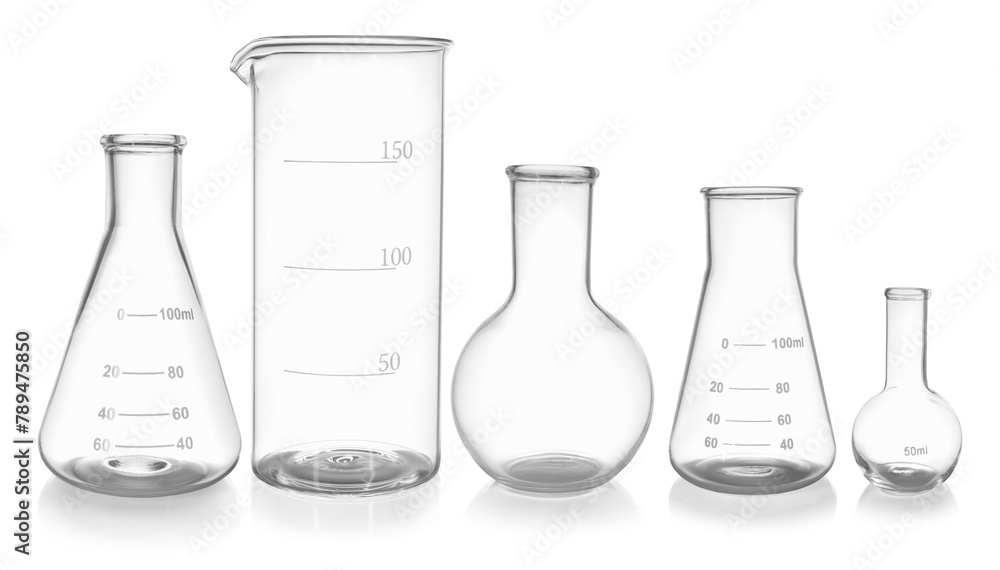 Set of different laboratory glassware isolated on white Set of different laboratory glassware isolated on white