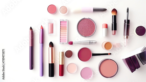 Isolated on a white background, a flat lay assortment of makeup products