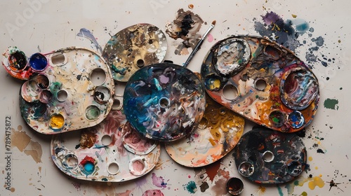 Assorted Artist Palettes Covered in Dried Paint on Neutral Background.
