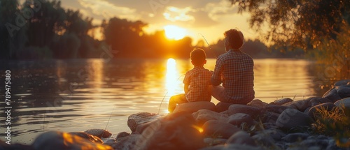 The father and son are sitting on rocks fishing with rods in calm lake waters, both wearing checkered shirts, and shot from behind a tree. photo