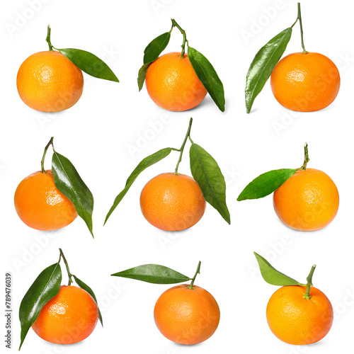 Whole ripe tangerines with leaves isolated on white, set
