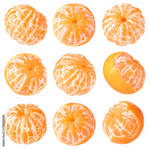 Whole peeled tangerines isolated on white, set