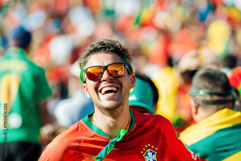 A cheerful national team fan at the stadium with fans in the blurred background A cheerful national team fan at the stadium with fans in the blurred background