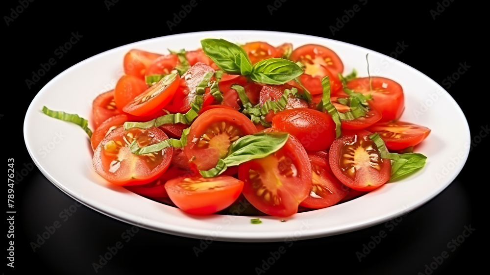 Greek salad with sauce in a glass bowl set apart against a stark black background
