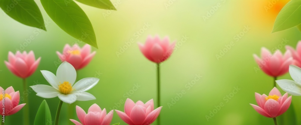 Group of Pink and White Flowers With Green Leaves