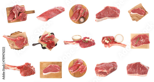Set of raw beef steaks isolated on white, top view