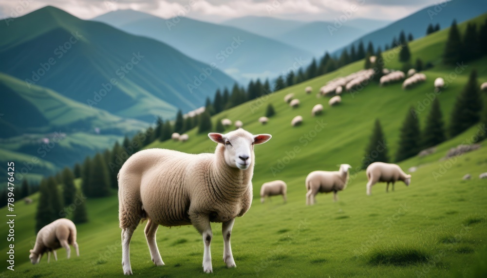 Fototapeta premium Herd of Sheep Grazing on Lush Green Hillside