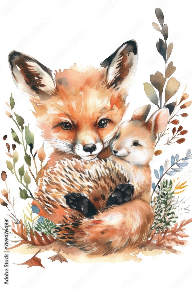 Naklejka premium Watercolor painting of a mother fox and her baby, perfect for nursery decor
