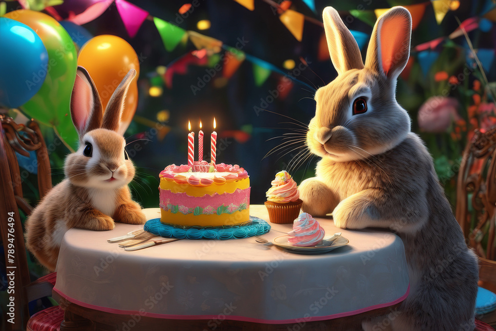 Rabbit family at table with birthday cake