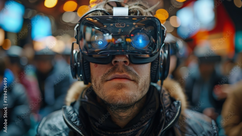 A man wearing a virtual reality headset is looking at a crowd of people. The scene is set in a room with a TV and a few other people in the background. The man is the center of attention A man wearing a virtual reality headset is looking at a crowd of people. The scene is set in a room with a TV and a few other people in the background. The man is the center of attention