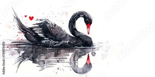 Fototapeta Naklejka Na Ścianę i Meble -  A watercolor painting of a black swan with a striking red beak. Ideal for nature or wildlife themed designs