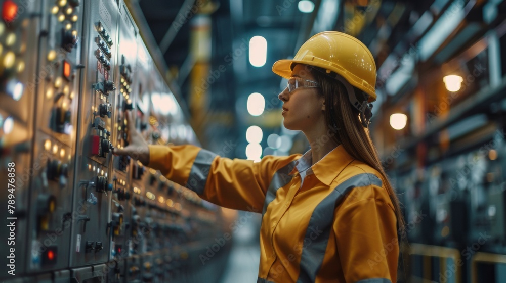 A woman in a hard hat and safety glasses operating an industrial control panel, AI