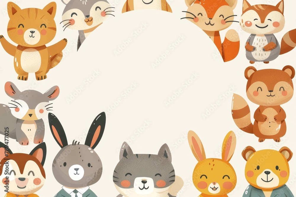A white circle in the center of an illustration surrounded by cartoon animals wearing business attire. A white circle in the center of an illustration surrounded by cartoon animals wearing business attire.