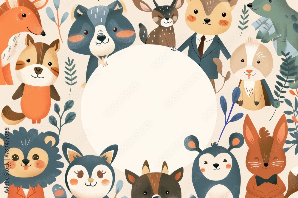 Obraz premium A white circle in the center of an illustration surrounded by cartoon animals wearing business attire.