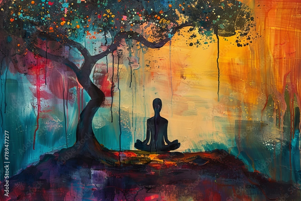 A painting of a person sitting under a tree with a blue sky in the background. The painting conveys a sense of peace and tranquility