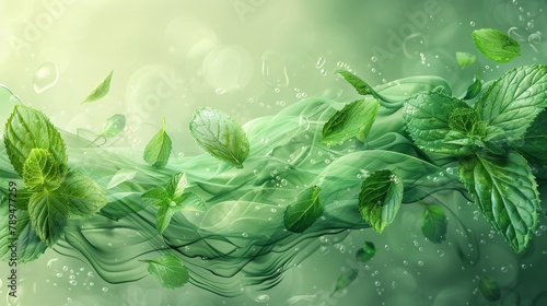 Modern illustration of air flow with fresh leaves in light effect. The wind from mint leaves creates a wave of freshness. Design elements for organic herbal teas, fresheners, providing a menthol