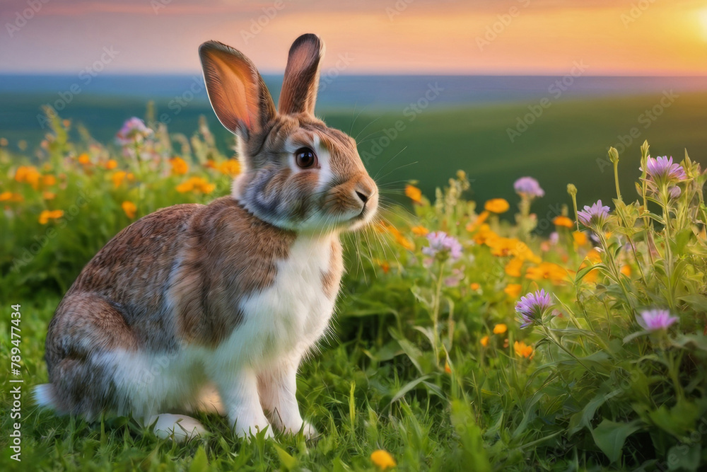 Rabbit on the lawn with flowers at sunset