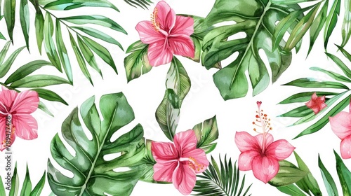 Beautiful watercolor painting of pink flowers and green leaves. Ideal for botanical illustrations or spring-themed designs © Fotograf