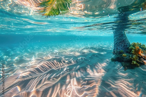 Tropical Beach Underwater View with Coral and Dancing Palm Shadows