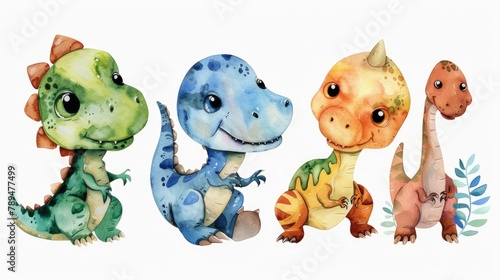 Colorful watercolor illustration of a group of dinosaurs sitting together. Ideal for educational materials or children's products © Fotograf