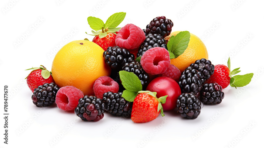 Isolated on a white background, a background of mixed summer fruits Isolated on a white background, a background of mixed summer fruits