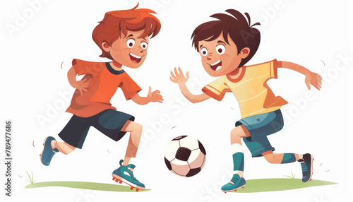 boys are playing football in a simple flat vector illustration with a white background © Kien