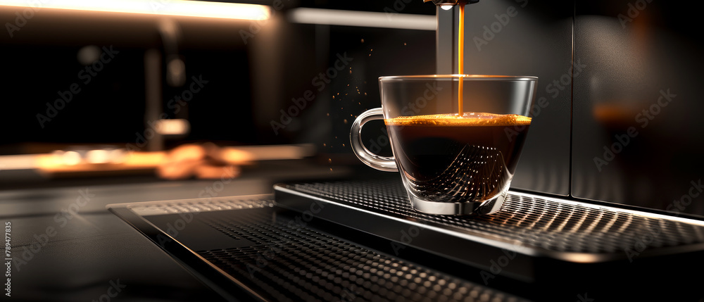 Close up of coffee machine, coffeemaker, in the process preparing coffee with cup. Professional equipment for Coffee Shop or restaurant. Cozy ambience of restaurant. Generative ai Close up of coffee machine, coffeemaker, in the process preparing coffee with cup. Professional equipment for Coffee Shop or restaurant. Cozy ambience of restaurant. Generative ai