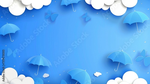 White clouds and blue umbrellas on the right side of a blue background