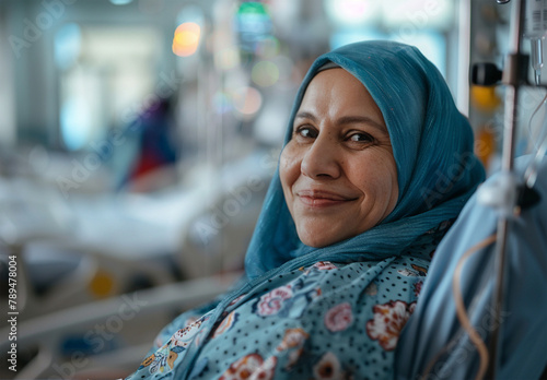  Happy woman in the hospital bed with cancer treatment