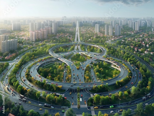 A city with a large highway that is surrounded by trees. The highway is a circle and has many cars on it