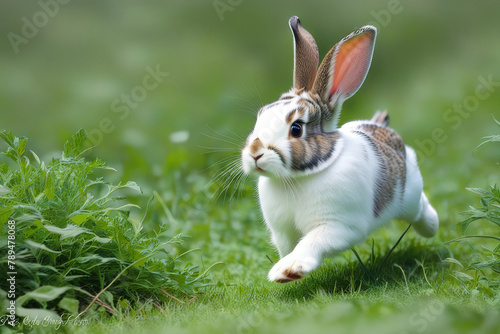 Obraz na płótnie A white hare runs across a field with green grass w salonie