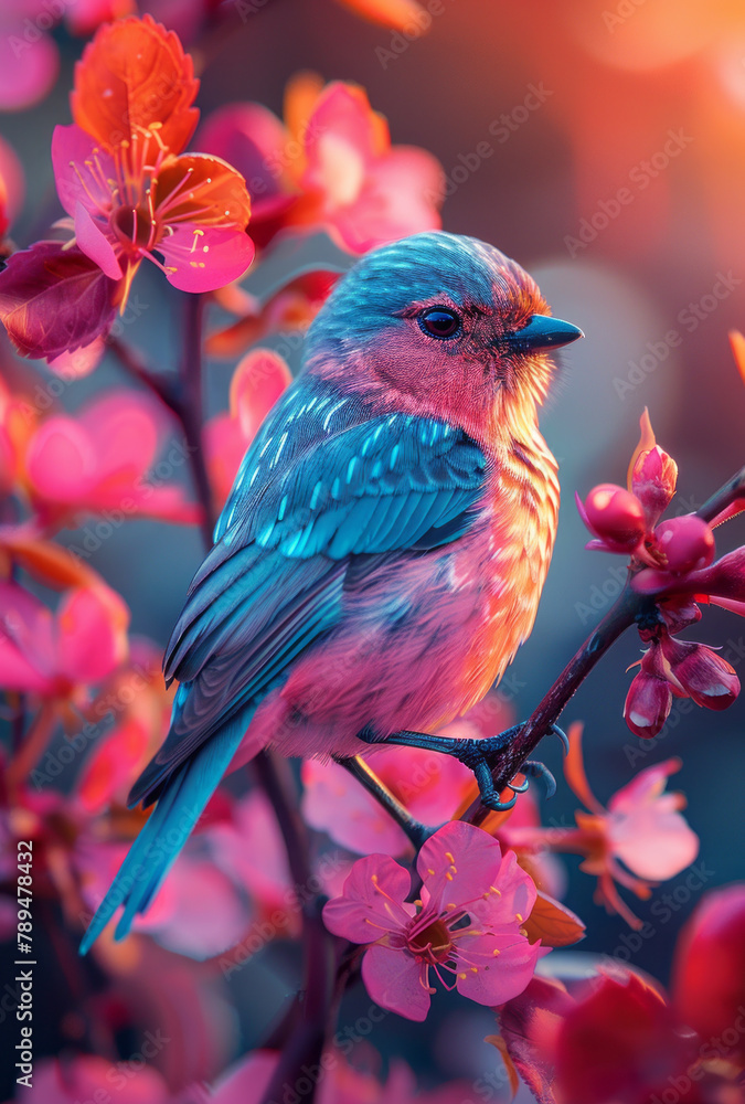 colorful bird perching on tree branch caption, in the style of fantastic realism, colorful fantasy realism line neon art,generative ai