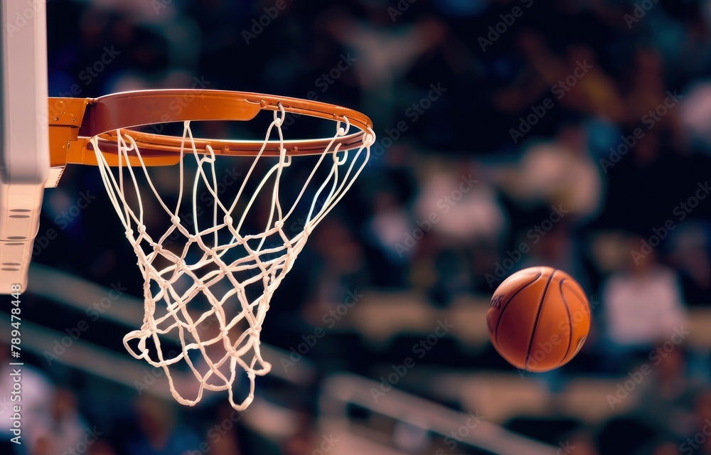 A closeup of a basketball passing through the net with the background of the audience fuzzily visible.