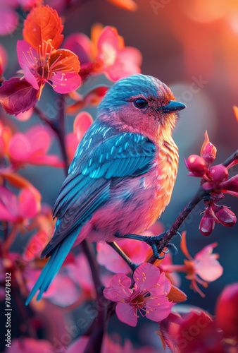 colorful bird perching on tree branch caption, in the style of fantastic realism, colorful fantasy realism line neon art,generative ai © Suralai