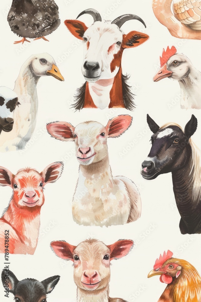 Fototapeta premium Colorful farm animals painted in watercolors. Ideal for children's books or educational materials