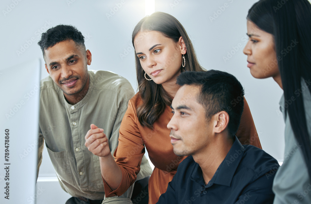 Fototapeta premium Business people, computer and teamwork speak in office, group and together for collaboration. Staff, workplace and pc for feedback or review company agenda, support and employees for online proposal
