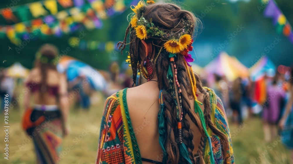 beautiful woman at a daytime hippie festival in high resolution